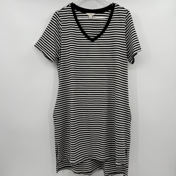 Terra Sky Dress Women 0X Black White Stripes T Shirt V Neck Short Sleeve Pockets - Picture 1 of 13